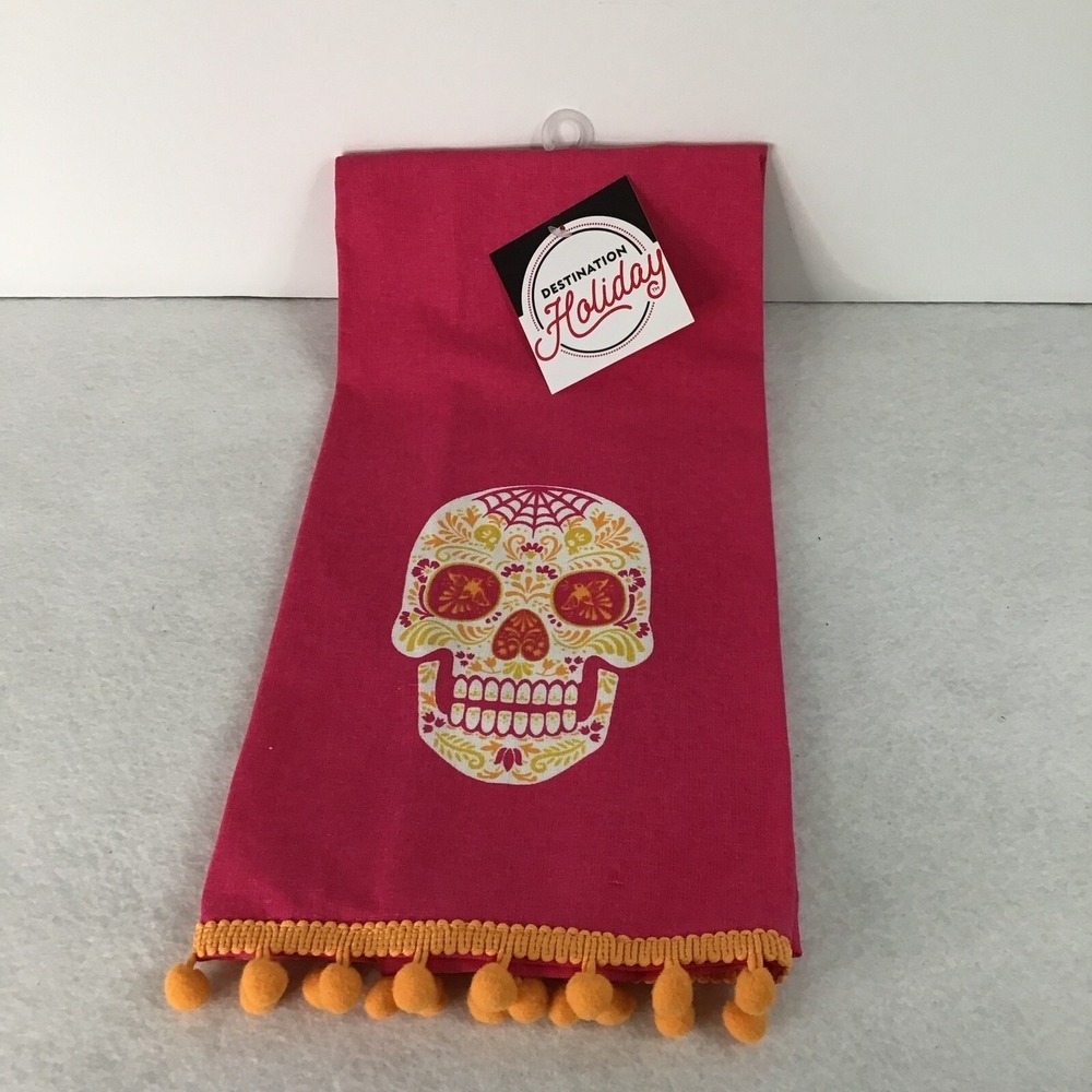 Day of Dead Kitchen Towel Sugar Skull Hot Pink Destination Holiday Marigold - Picture 4 of 12